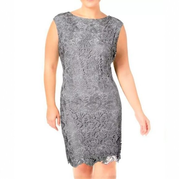 Ralph Lauren Evening Sheath Dress Gray Lace Overlay Scalloped Lace Hem Size 14 - Picture 1 of 15